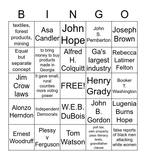 Unit 6 New South (2) Bingo Card
