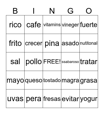 comida saludable  Bingo Card