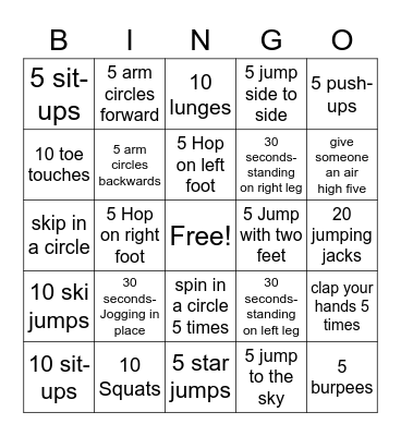 Fitness Bingo Card