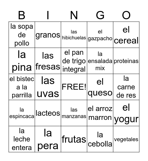 Comida Saludable Bingo Card