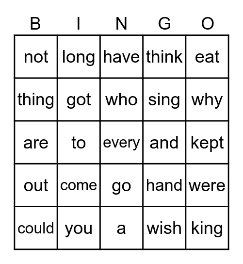 "Spoon" Word Wall Words Bingo Card