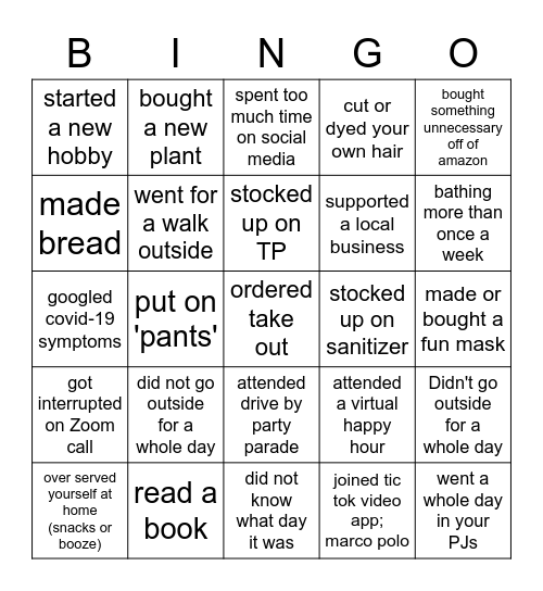 Quarantine Bingo Card