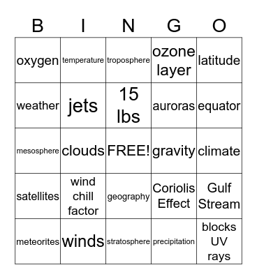 Weather Bingo Card