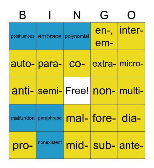 Essential Education Prefixes 1-20 Bingo Card