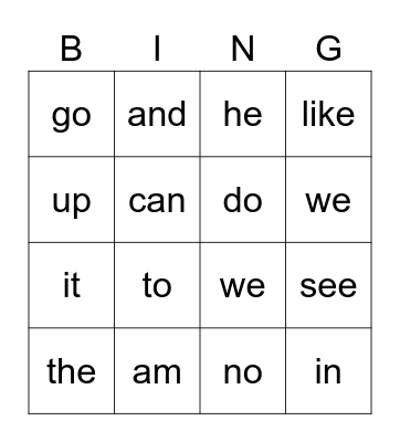 Sight Words Bingo Card