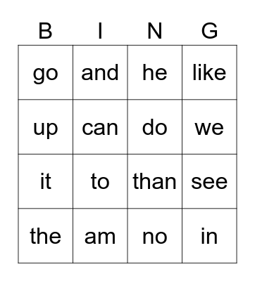 Sight Words Bingo Card