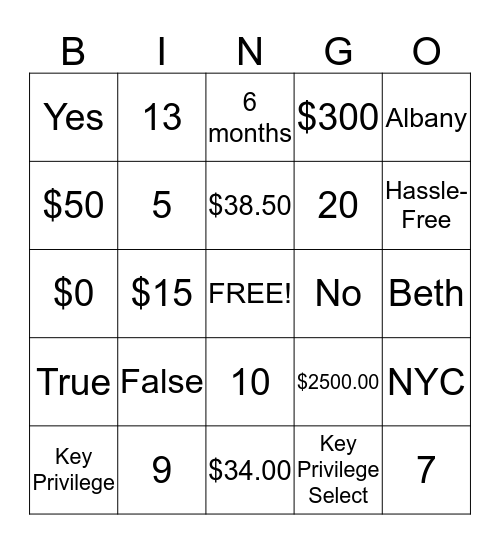 KeyBank Bingo Trivia Bingo Card