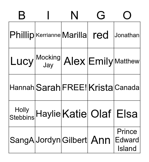 Dinner/Theater Bingo Card