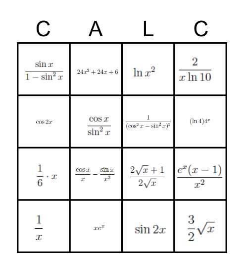 Derivatives Bingo Card