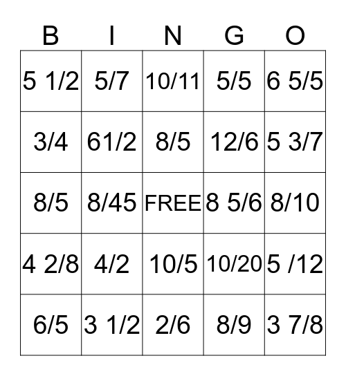 divide fraction Bingo Card