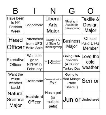 UFG Ice Breaker Bingo Card