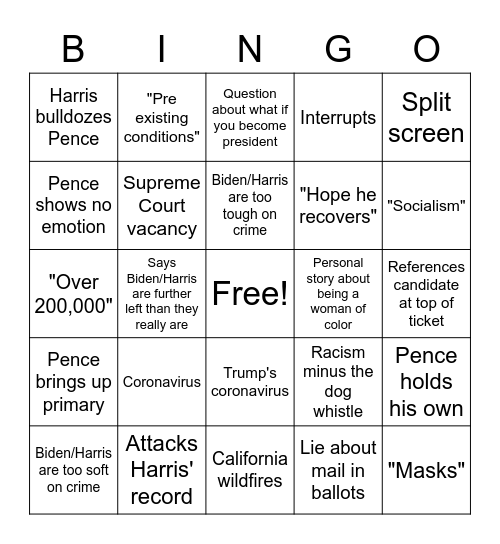 Vice Presidential Debate Bingo Card