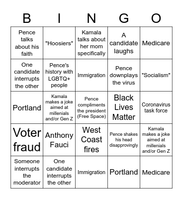 VP Debate 2020 Bingo Card