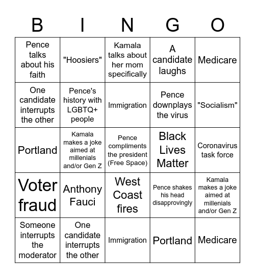 VP Debate 2020 Bingo Card