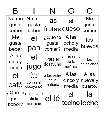 Para el desayuno Bingo Card