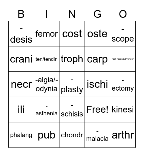 Skeletal System BML Bingo Card