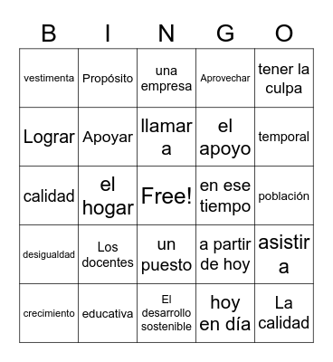 AP Spanish Unidad 1 Bingo Card