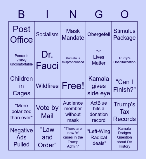 VP Debate Bingo!! Bingo Card