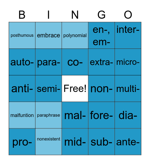 Essential Education Prefixes Improved 1-20 Bingo Card