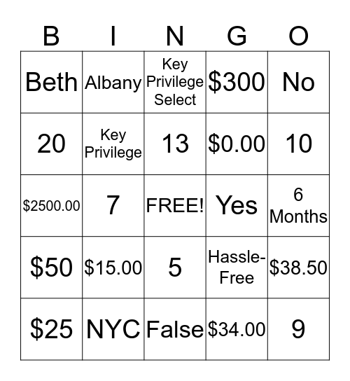 KeyBank Bingo Trivia Bingo Card