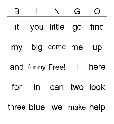 Pre Primer Sight Words Bingo Card