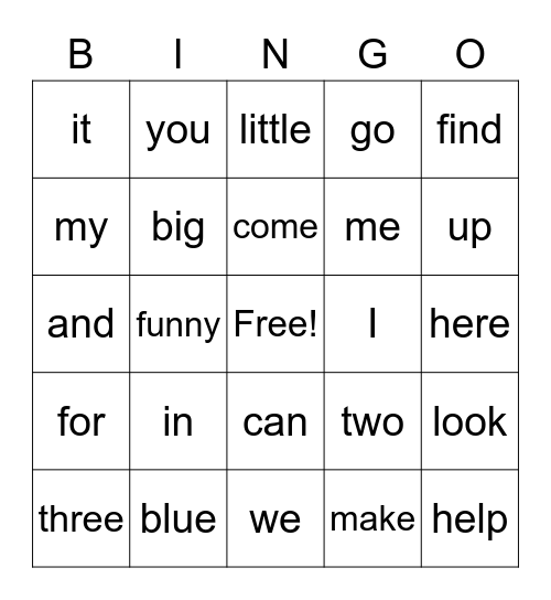 Pre Primer Sight Words Bingo Card