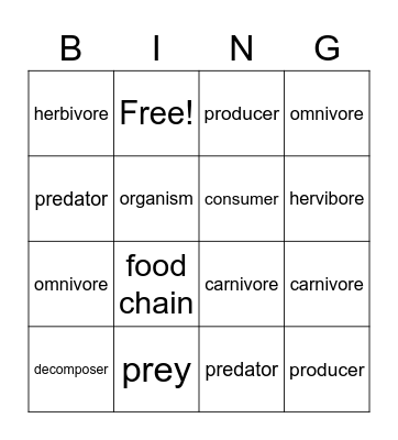 Food Chains Bingo Card