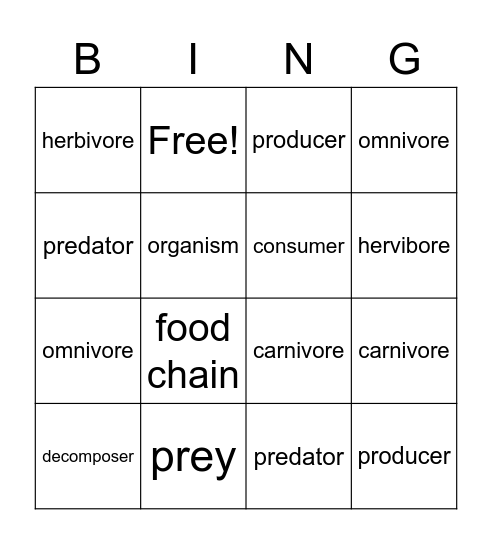 Food Chains Bingo Card