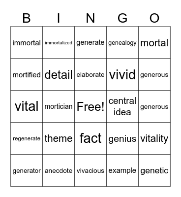 Vocabulary Review Bingo Card