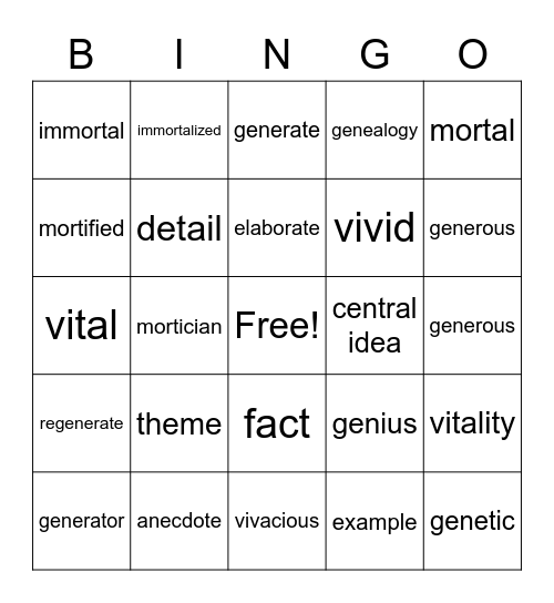 Vocabulary Review Bingo Card