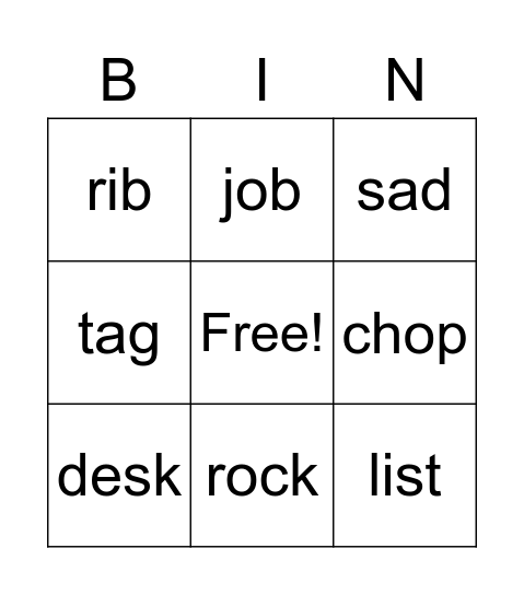 Short Vowel Bingo Card