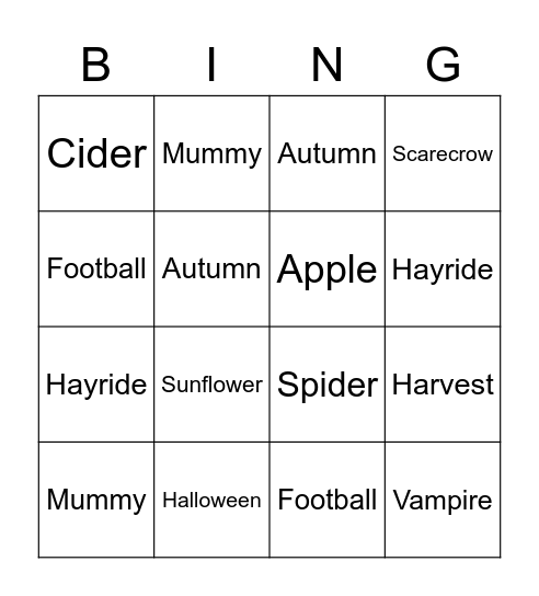 Autumn Themed Bingo Card