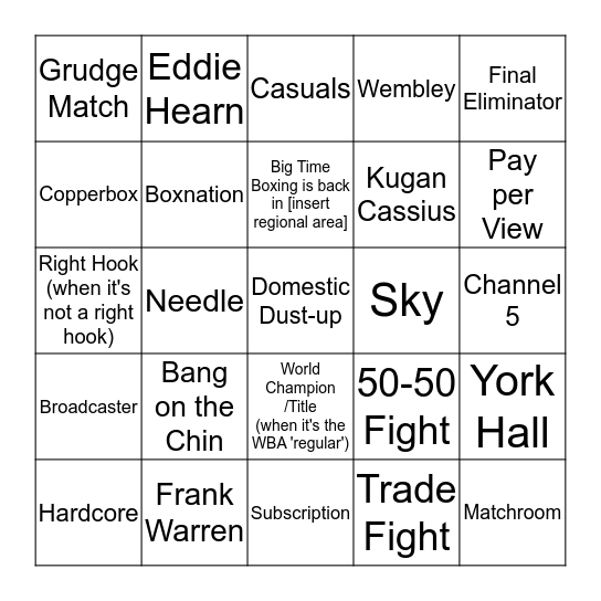 British Boxing Bingo Card