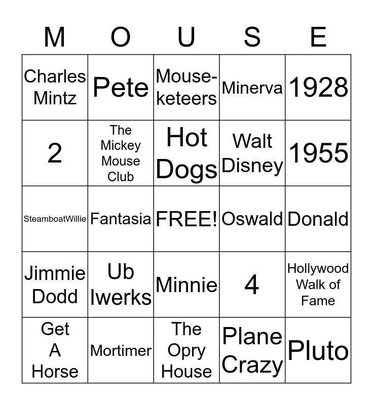Mickey Mouse Trivia Bingo Card