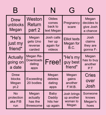 Megan's Disasterous Love Life Bingo Card
