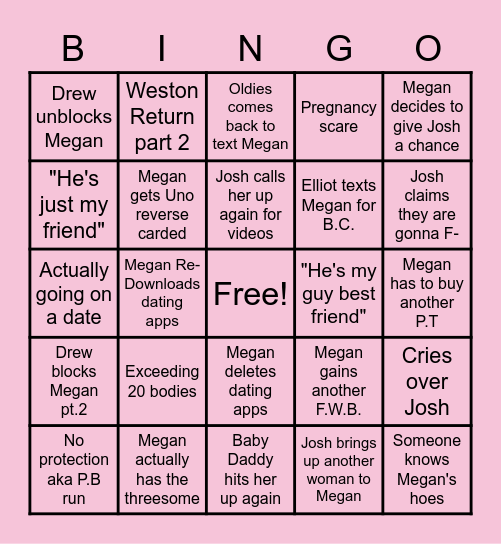 Megan's Disasterous Love Life Bingo Card