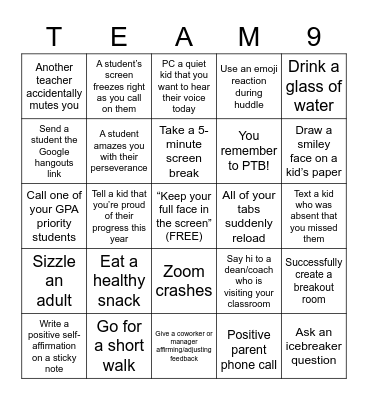 Virtual School Bingo Card