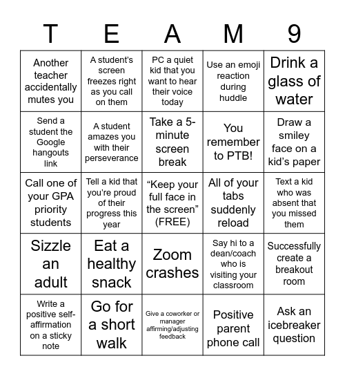 Virtual School Bingo Card