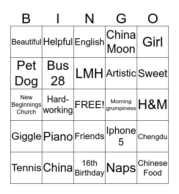 Anna 16th Birthday Bingo Card