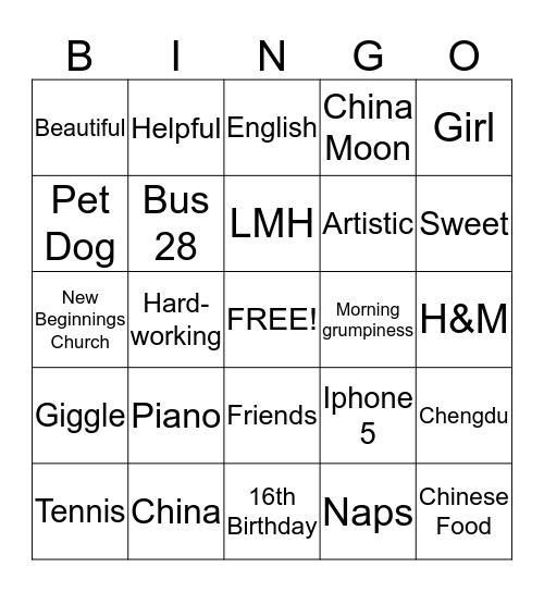 Anna 16th Birthday Bingo Card