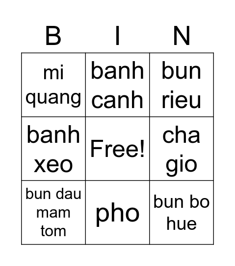 Viet Food Bingo Card