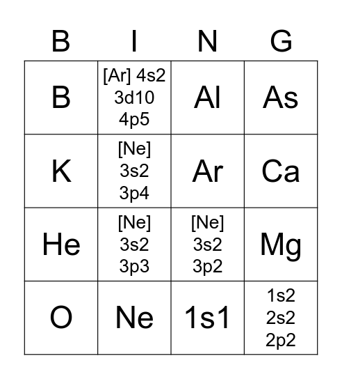 Electron Configuration Bingo Card