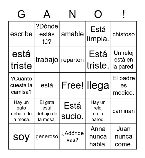 Spanish II Review Chapter 1 Bingo Card