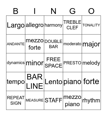 MUSIC VOCABULARY BINGO [Level 1 & 2] Bingo Card