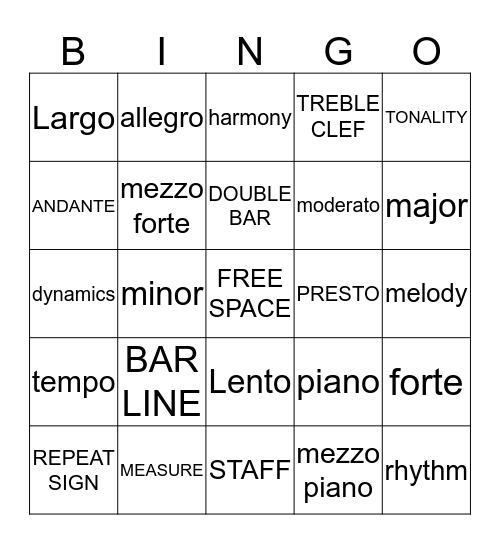 MUSIC VOCABULARY BINGO [Level 1 & 2] Bingo Card