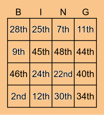 Ordinal numbers Bingo Card