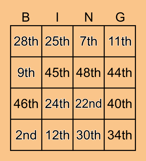 Ordinal numbers Bingo Card