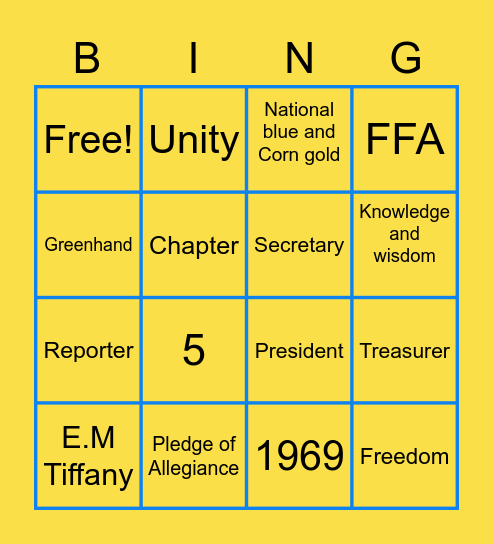 FFA First Year Card Bingo Card