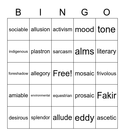 List 5 Vocabulary Words 2020 Bingo Card