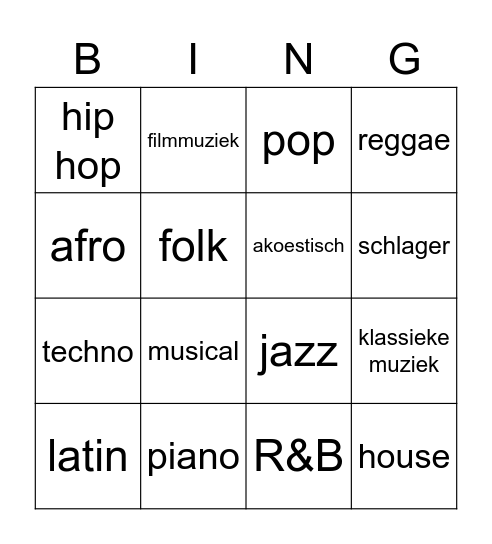 muziekgenre Bingo Card